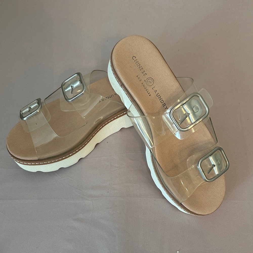 Chinese Laundry Transparent Double-Buckle Slide Sandal with Beige Footbed